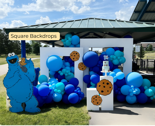 Cookie Monster balloon setup with custom backdrop and garland for kidβs birthday party in Toronto