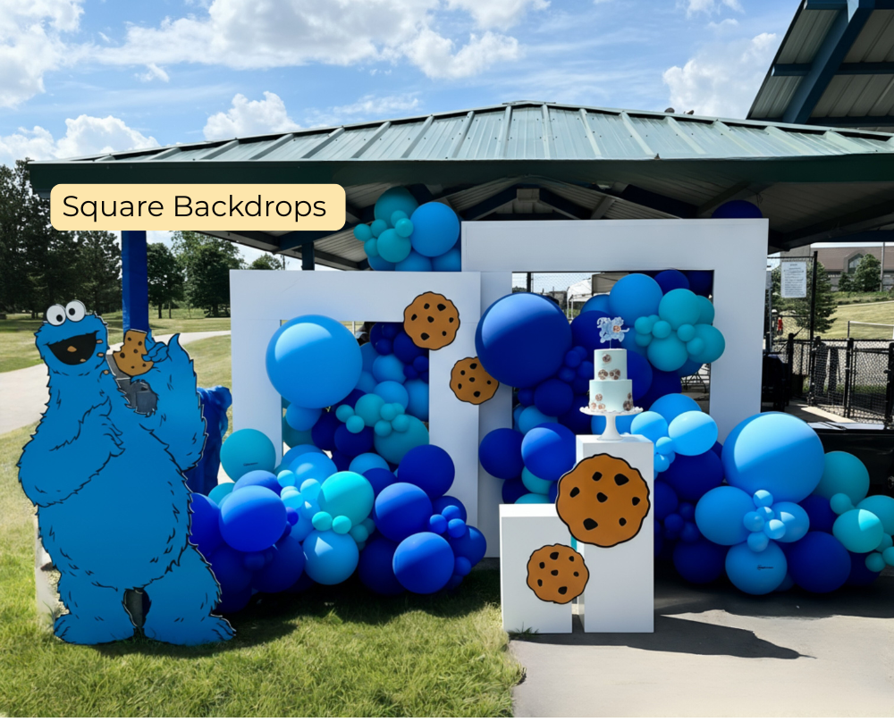 Cookie Monster balloon setup with custom backdrop and garland for kid’s birthday party in Toronto